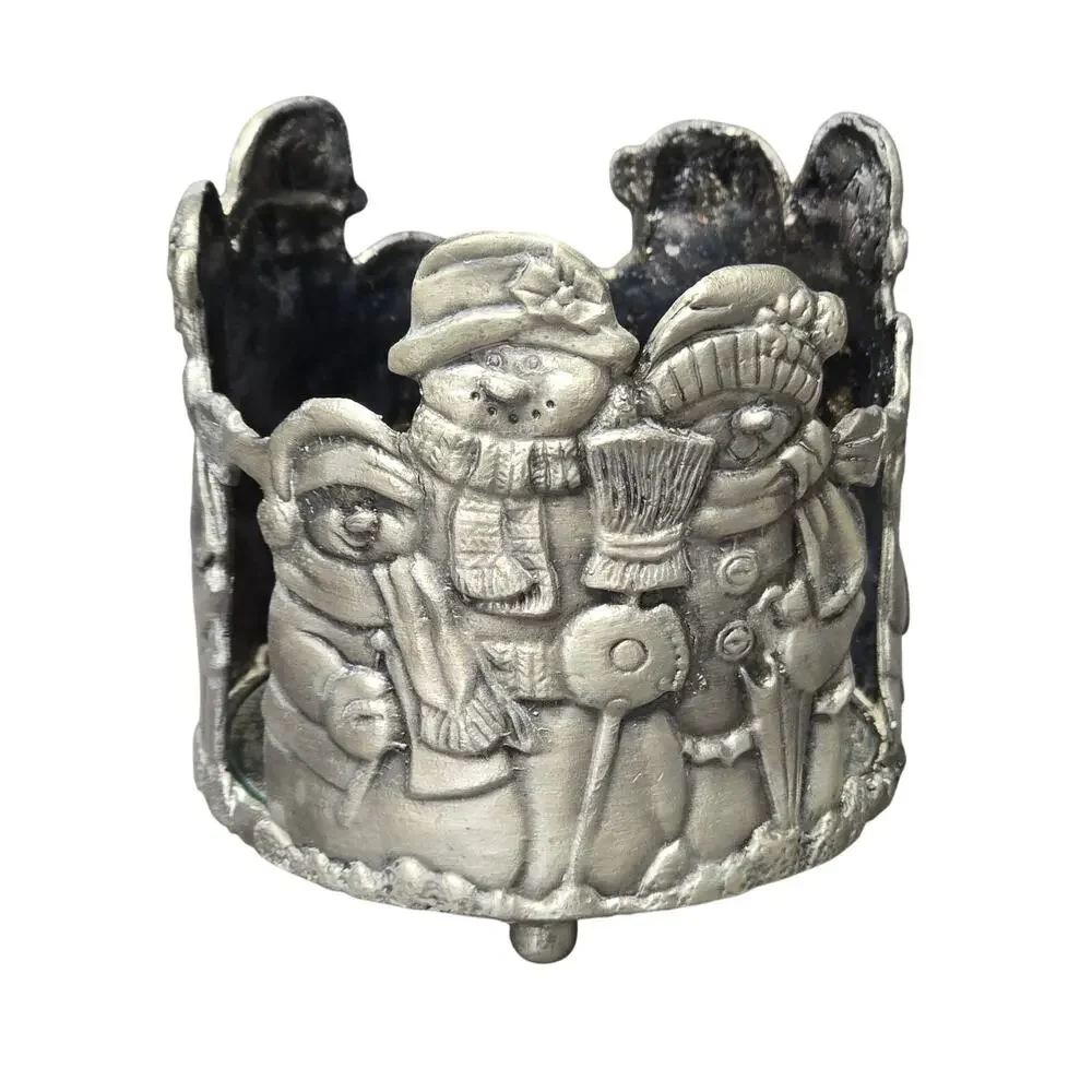 Christmas Snowman Family Holiday Silver Pewter Metal Candle Holder